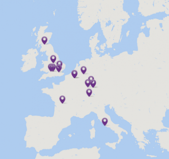 Map of Europe with pins on facility locations