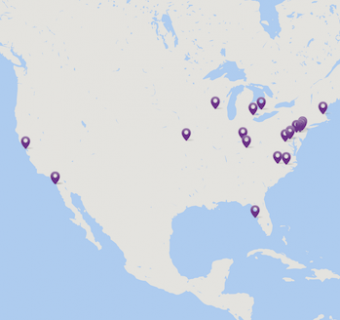 Map of North America with pins on facility locations